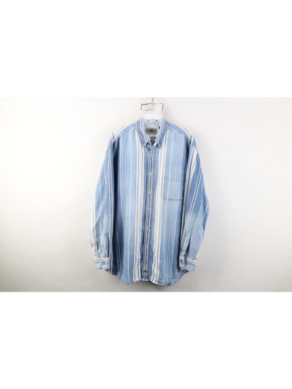 Vtg 90s Streetwear Mens Large Distressed Striped Denim Jean Button Down Shirt